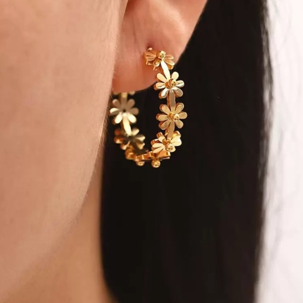 Gold Plated Stainless Steel Daisy Hoop Earrings | Floral Statement Hoops